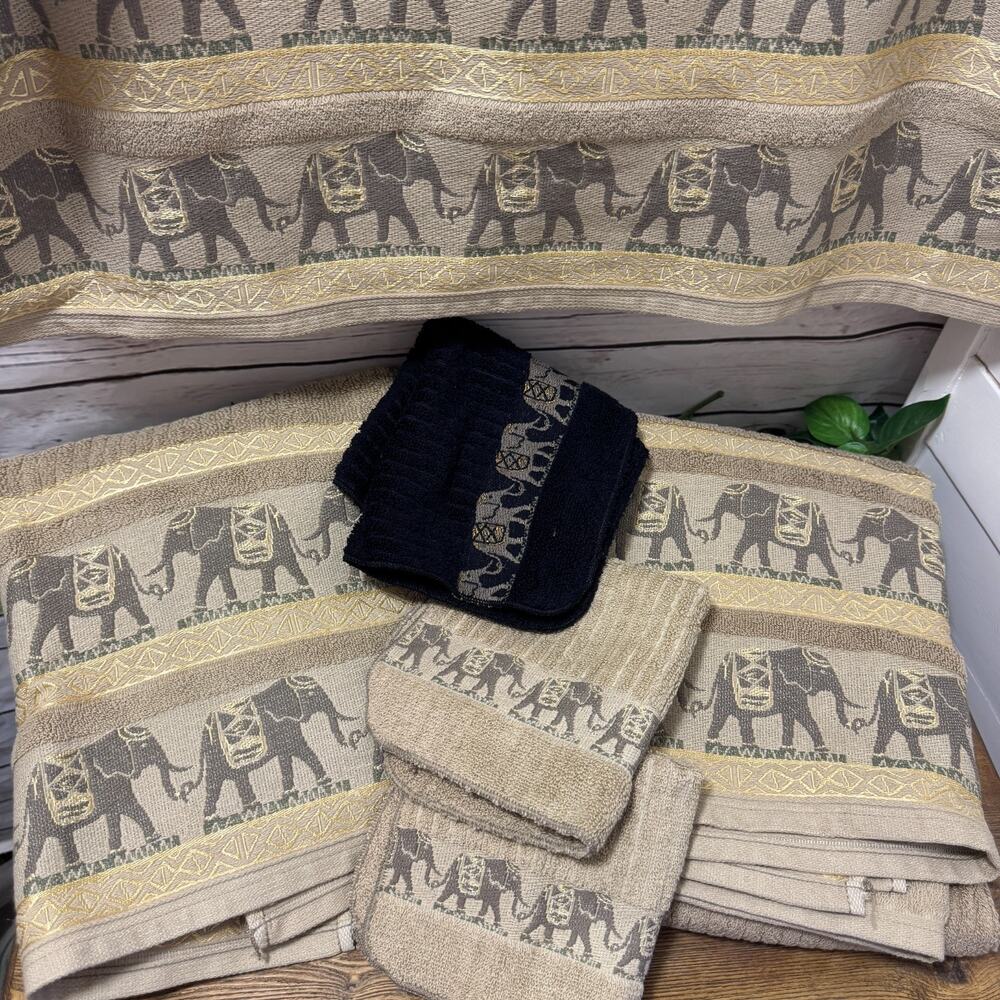 Charter Club 3 Bath Towels 4 Wash Cloth Elephant Safari Egyptian Gold Camel NEW